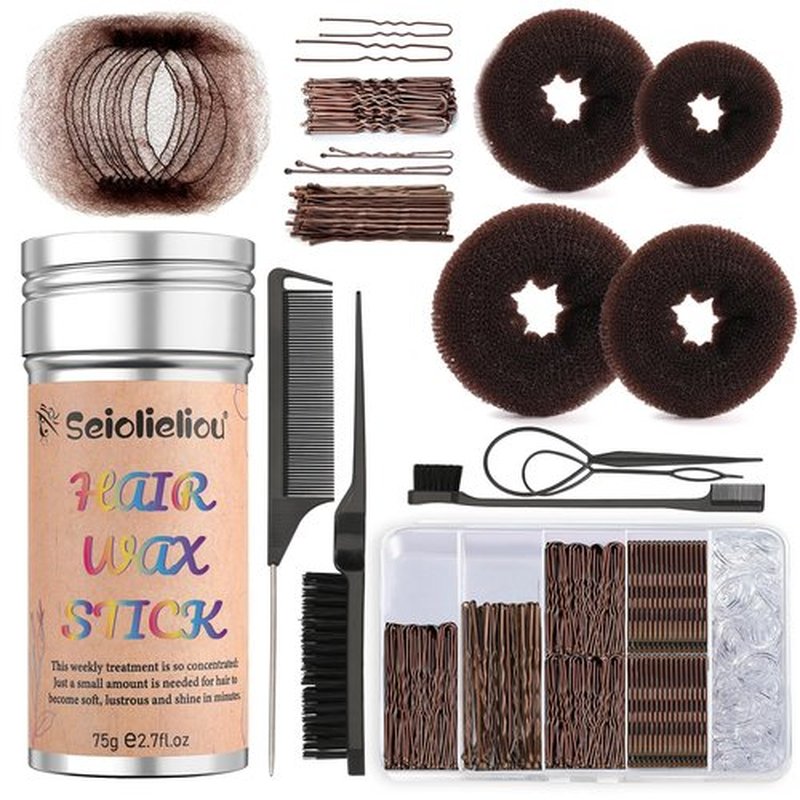 224Pcs Hair Styling Kits: Hair Wax Stick, 100 Clear Hair Elastics, 10 Invisible Hair Nets, 50 U Clips, 50 Bobby Pins, 4 Hair Buns, 3 Combs, 2 Loop Tools, All-in-One Set for Women Girls w/Storage Box
