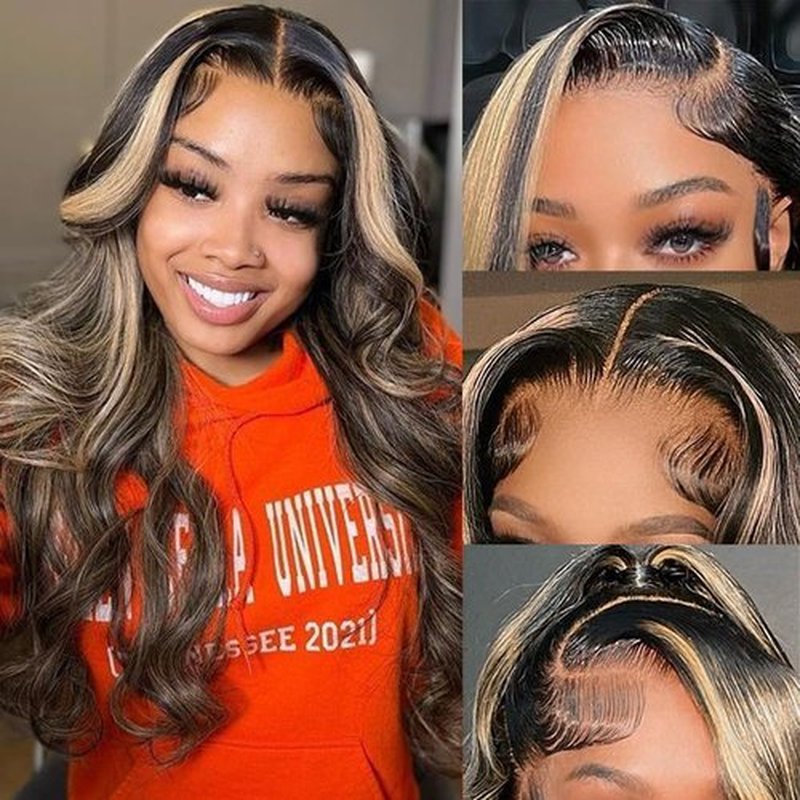 Aveiyce 13x6 1b/27 Highlight Ombre Balayage Lace Front Wigs Human Hair Black and Blonde Body Wave HD Transparent Lace Frontal Wig Pre Plucked with Baby Hair for Black Women 180% Density Wig 20 Inch