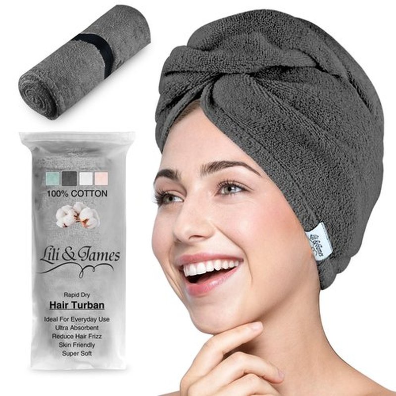 Lili&James 100% Cotton Hair Towel Wrap Quick Dry Super Absorbent Turban Head Wrap for Women/Kids/Men with Double Button, Anti Frizz, Hair Cap for Curly, Long & Thick Hair (Dark Grey)