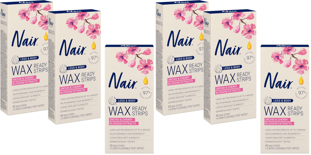 Nair Hair Remover Wax Ready Strips for Legs & Body, No Mess Waxing Kit for Hair Removal, 6-pack Wax Strips, 40ct Each Wax Kit