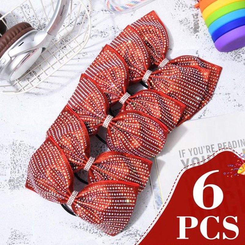DEEKA 6 PCS Red Glitter Tailless Cheer Bows Large 6.5" Rhinestones Competition Hair Bow Elastic Band for Cheerleading Cheerleaders Girls (Glitter Red)