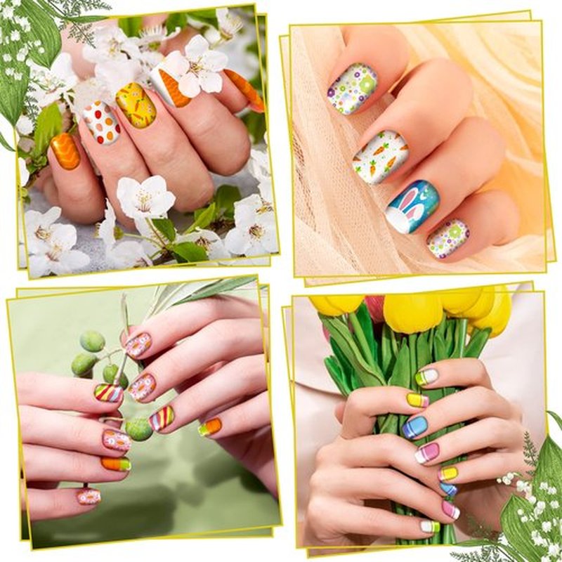 384 Pcs 16 Pack Easter Press on Nails Short Fake Nails Easter Square False Nails Artificial Nail Full Cover Coffin with Rabbit Egg Pattern for Women Girls (Bunny Pattern)