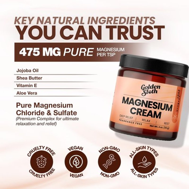 Golden Sloth Magnesium Lotion for Sleep, Muscles & Joints - Unscented - Highly Concentrated with 2 Types of Magnesium, Made in USA, All-Natural - Calming Cream
