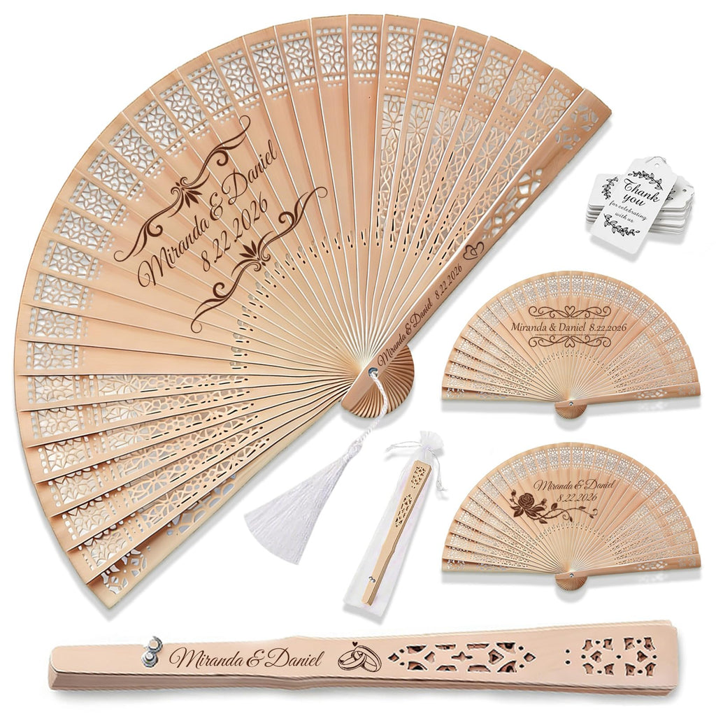 Personalized Wedding Fans for Guests, Custom Wooden Folding Hand Fans Bulk, Engraved Sandalwood Handheld Fans with Organza Bags & Tassels, Party, Bridal & Birthday Shower Favors (50PCS)