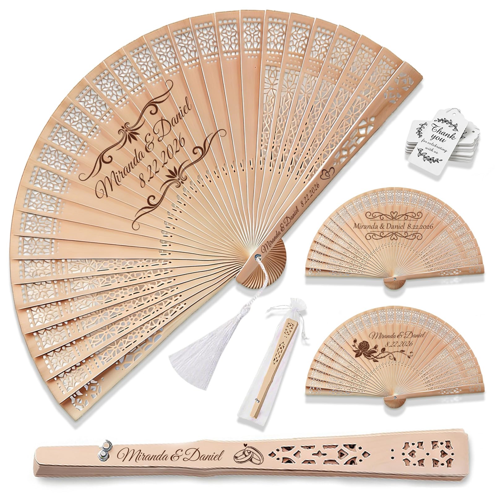 Personalized Wedding Fans for Guests, Custom Wooden Folding Hand Fans Bulk, Engraved Sandalwood Handheld Fans with Organza Bags & Tassels, Party, Bridal & Birthday Shower Favors (50PCS)