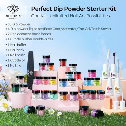 Modelones Dip Powder Nail Kit Starter, 30 Colors Hot Pink Magenta Lemon Green Acrylic Dipping Powder Set with Top/Base Coat Activator for French Art Manicure Salon DIY