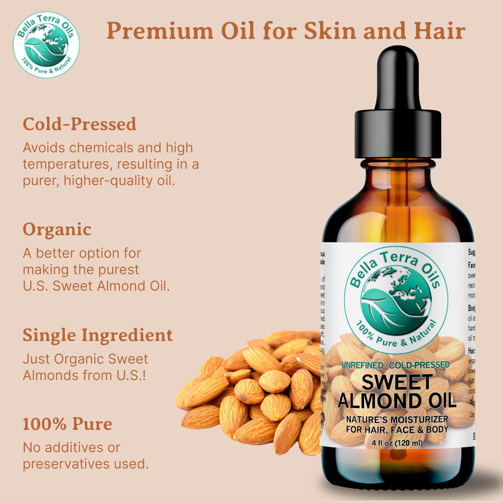 Natural Sweet Almond Oil – 1 Gallon, Deep Hydration, Nourishing, Light & Absorbent, Rich in Vitamins, Non-Greasy. Bella Terra Oils