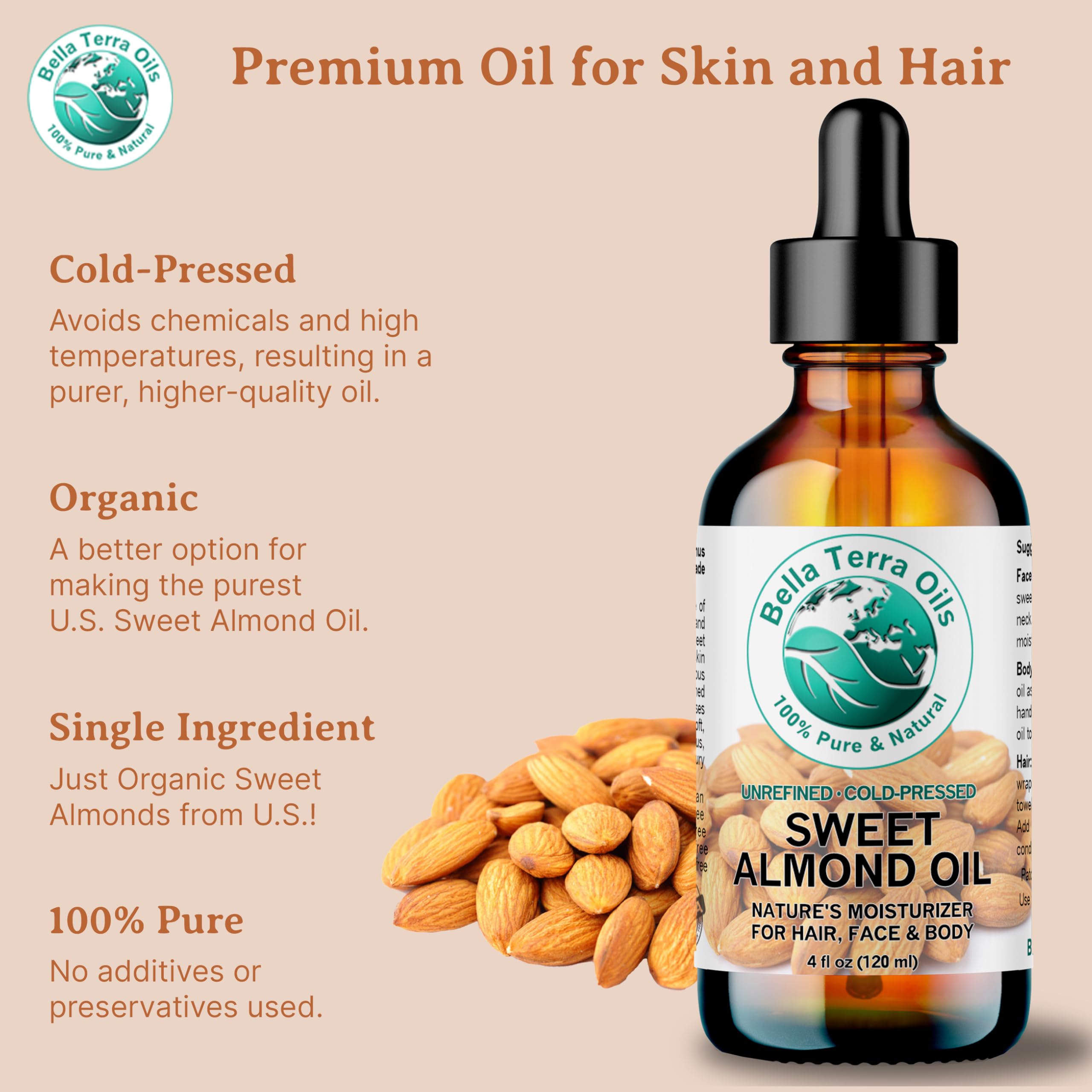 Natural Sweet Almond Oil – 1 Gallon, Deep Hydration, Nourishing, Light & Absorbent, Rich in Vitamins, Non-Greasy. Bella Terra Oils