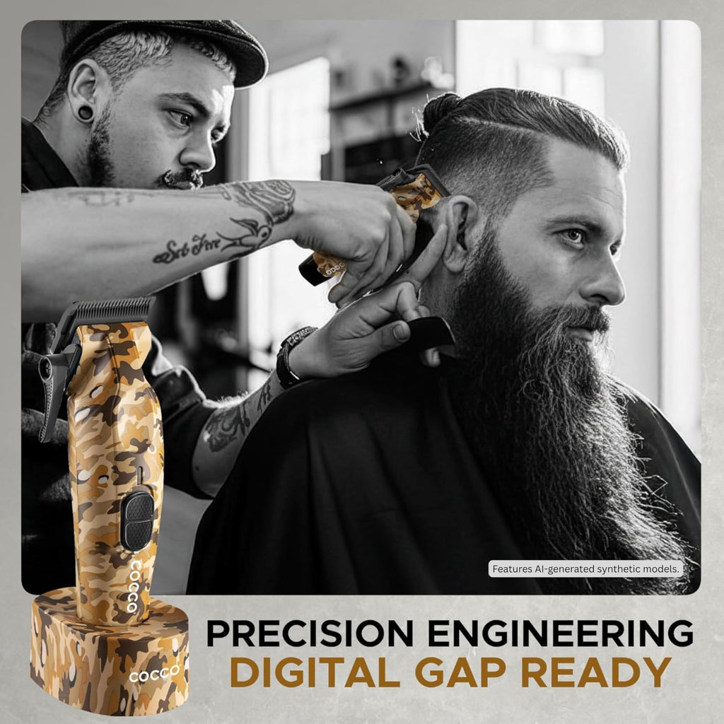 Cocco Hyper Veloce Pro Clipper, Digital Gap Ambassador Graphene Taper Blade Professional Hair Clippers, High-Torque BLDC Motor, All-Metal, Cordless, Charging Station Included (Camo)