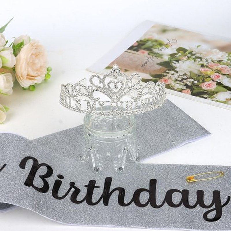 Araluky Silver Birthday Crown Adult Woman & Glitter It's My Birthday Sash for Women Princess Tiara for Parties Favors Party Decorations