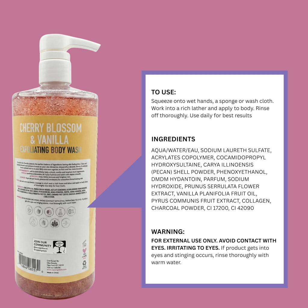 SpaScriptions Cherry Blossom & Vanilla Exfoliating Treatment Body Wash – Natural Exfoliation for Dull Skin with Asian Pear & Collagen for Radiant, Firm-Looking Skin, Hydrating Body Cleanser, 32 oz