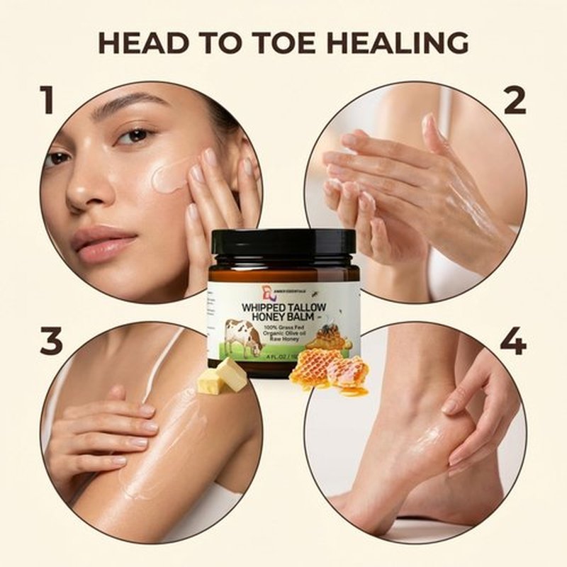 Beef Tallow for Skin & Face, Whipped Tallow Honey Balm Cream, 100% Grass-Fed Beef Tallow Face Moisturizer with Raw Honey, Natural Body Lotion & Skin Care for Women & Men, Unscented 4.2 oz