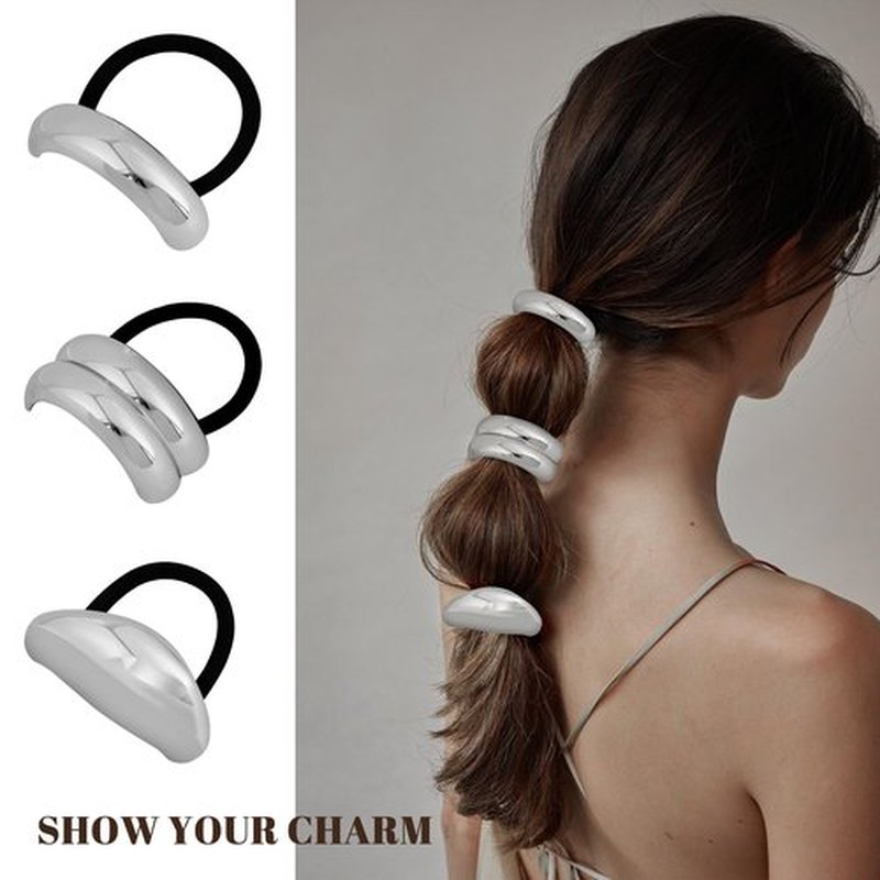 hisial 8Pcs Metal Geometric Elastic Hair Ties Non-Damage Ponytail Cuff Holders Fashion Hair Accessories for Women Hair Bands for Thick Hair(Silver Arc)