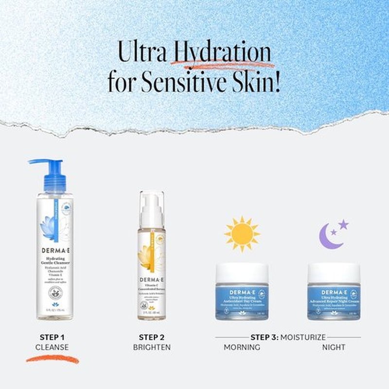 Derma E Hydrating Gentle Cleanser - Moisturizing Facial Cleanser with Hyaluronic Acid | 6 fl oz