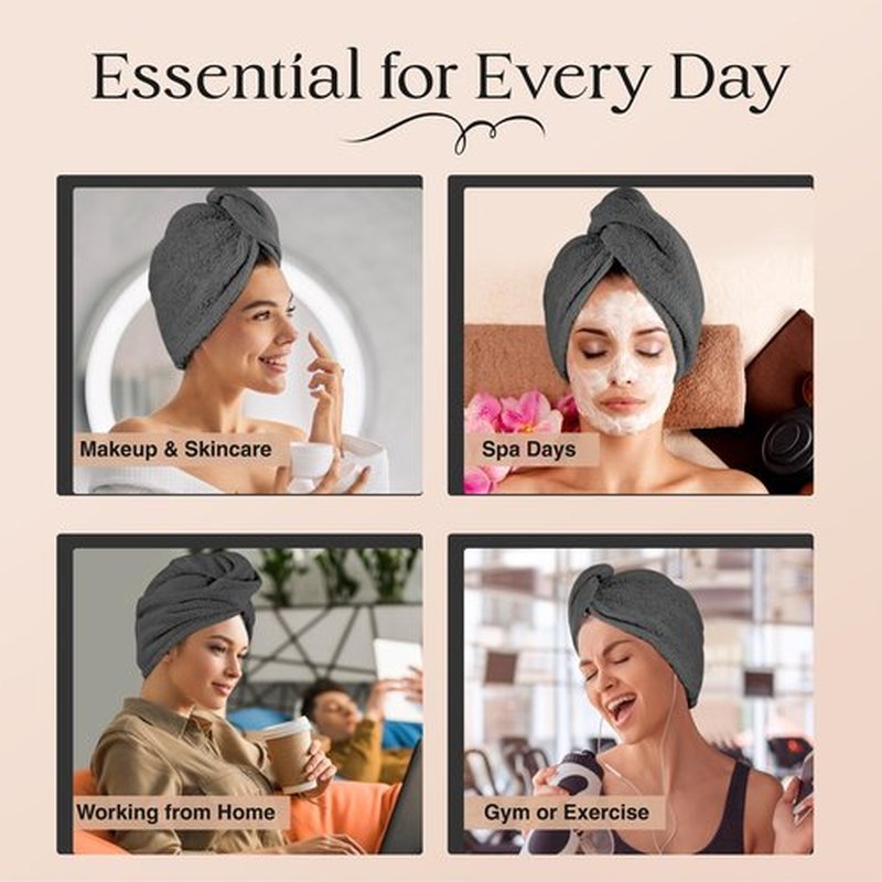 Lili&James 100% Cotton Hair Towel Wrap Quick Dry Super Absorbent Turban Head Wrap for Women/Kids/Men with Double Button, Anti Frizz, Hair Cap for Curly, Long & Thick Hair (Dark Grey)