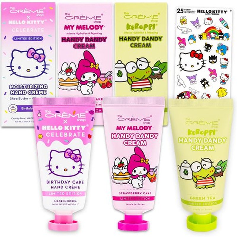 SANRIO The Creme Shop x Hello Kitty & Friends Hand Lotion Pack - Bundle of 3 Shea Butter + Vitamin E Scents Birthday Cake, Strawberry, Green Tea & Stickers