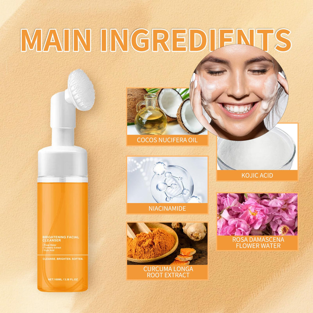 DENESTUP Turmeric Face Wash, Turmeric Wash and Care Turmeric Facial Cleanser, Gentle Cleansing Moisturizing Skincare Set for Face Soap Bar | Mousse Cleanser | Essential Oil /3 Piece Set