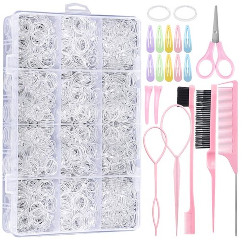 Auroray 2200 Pcs Clear Hair Ties, Hair Loop Styling Tool Set with Hair Tie Cutter, Elastic Hair Accessories for Toddler Baby Girl Women