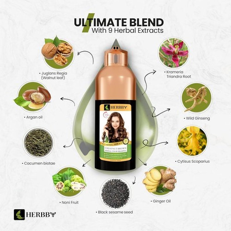 HERBBY Gray Hair Coverage Shampoo & Conditioner - Transform Color with 9 Herbal Extracts, 500 ml (Chestnut Brown)