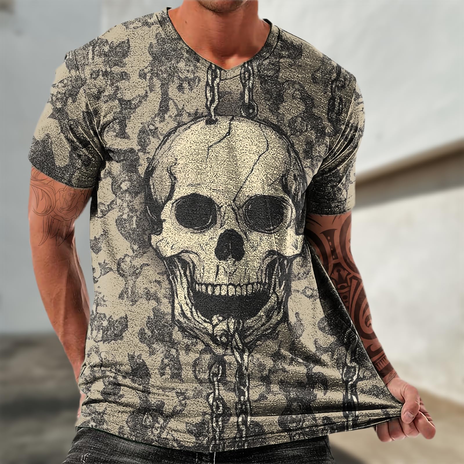 Skull Men Casual Shirt Lightweight Vintage T-Shirts and Casual Wear Mens Moisture Wicking Sleeve Shirt Cool Beach Party Breathable Summer Outfit Regular Fit Crewneck,2XL