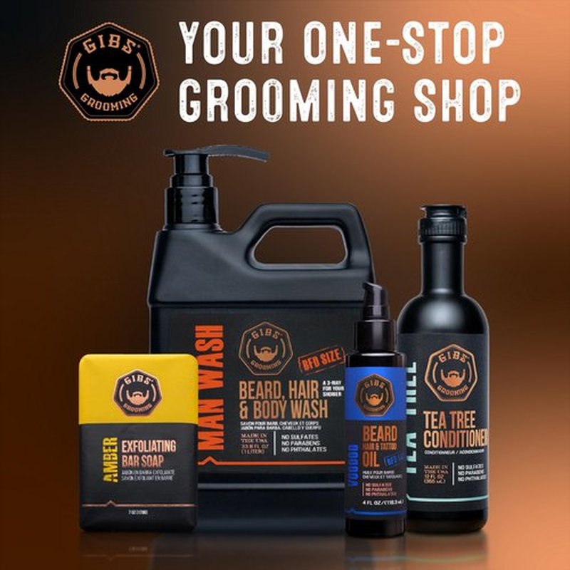 GIBS Grooming - Amber Man Wash (33.8 fl oz) 3-in-1 Beard, Hair, Body Soap - Citrus, Oak, Basil Scent - Sulfate Free - Tea Tree Oil, Hemp Oil, Protein - Mens Body Wash & Mens Shampoo - Made in USA