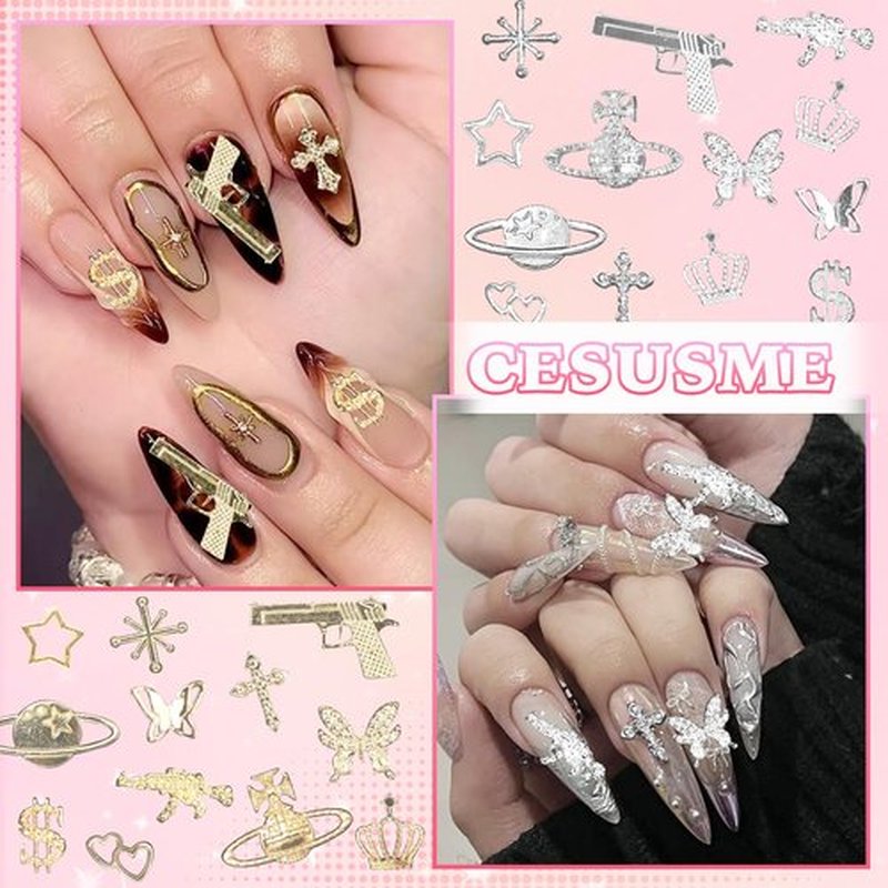 120 Pcs Silver Gold Nail Charms, Gun Cross Star Heart Planet Nails Charms and Gems, Metal Dollar Star Butterfly Y2K Nail Charm for Nails Art Design DIY Accessories