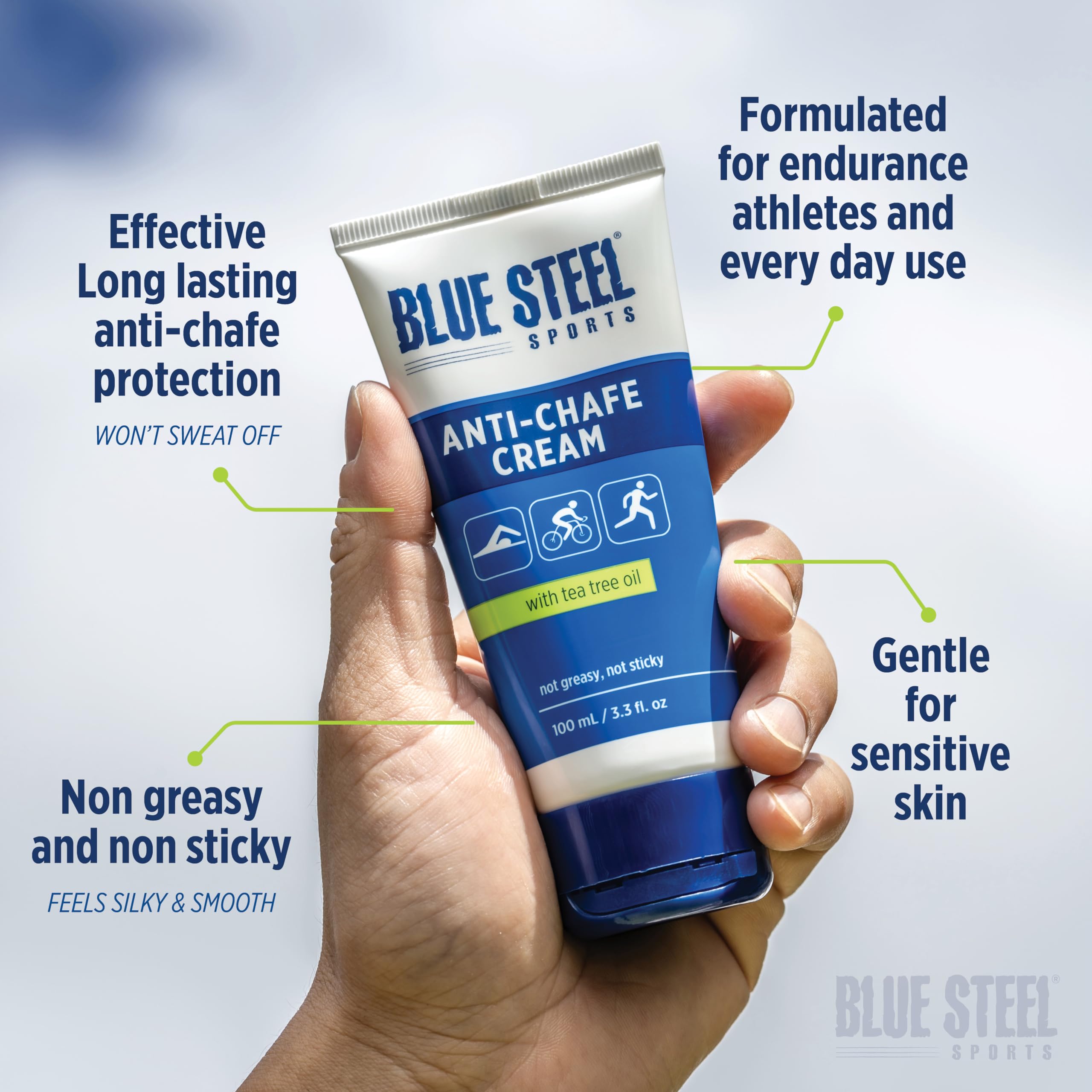 Blue Steel Sports Anti Chafe Cream 100ml – Long-Lasting Protection for Running, Cycling & Sports | Sweat & Water Resistant | Non-Greasy, Non-Staining | For Sensitive Skin, Men & Women