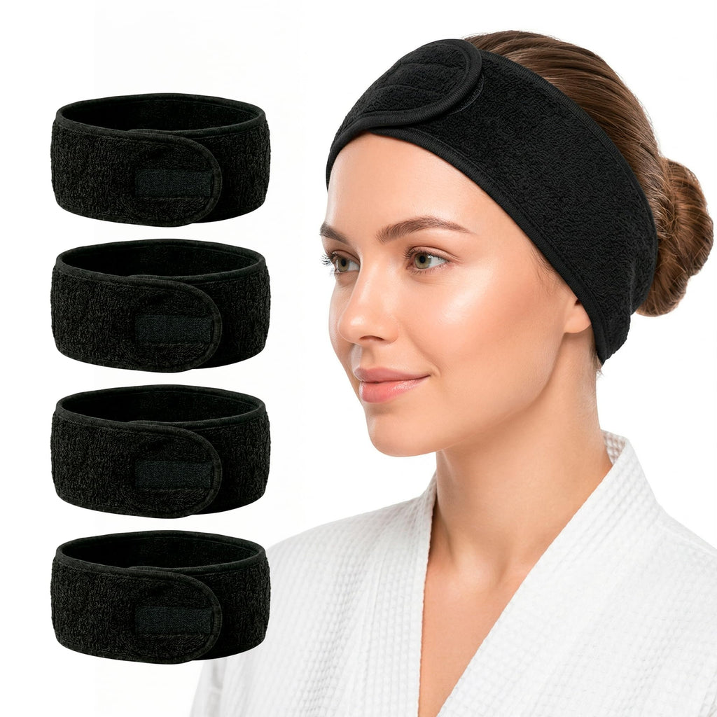 Appearus Spa Facial Headband Stretch Terry Cloth Hair Wraps with Hook and Loop Closure for Salon and Esthetician Use 4 Count Black