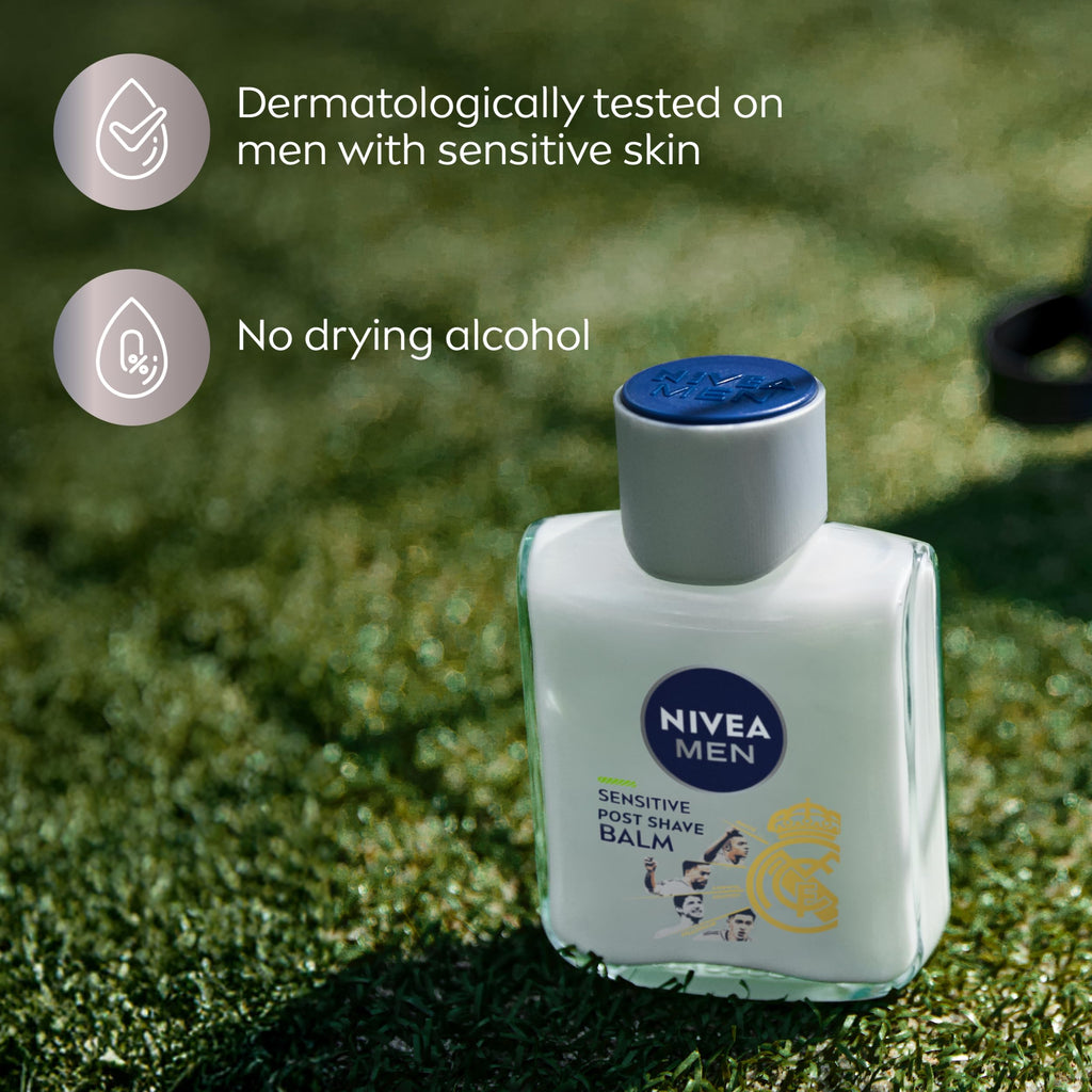 NIVEA MEN Real Madrid Limited Edition Design Sensitive Post Shave Balm, with VitaminPro Complex, Alcohol Free After Shave Balm for Men, 3.3 Fl Oz Bottle, Pack of 12