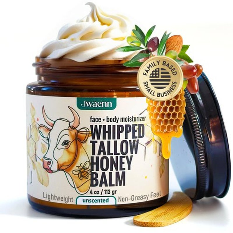 JWAENN Whipped Tallow & Honey Balm – Grass-Fed Beef Tallow for Skin, Face & Body Moisturizer for Dry & Sensitive Skin, Lightweight, Fast-Absorbing, Non-Greasy – 4 oz