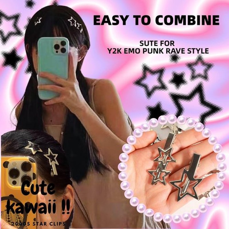 24pcs Y2K Star Hair Clips - Cute Silver Snap Clips for Women, Star Shaped Hair Accessories, Ideal for Emo, Grunge, Punk & 2000s Fashion
