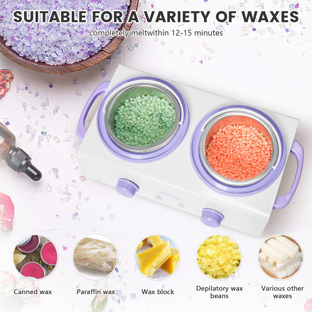 Professional Waxing Kit Wax Warmer Double Pot Wax Heater Machine for Hair Removal, Large Waxing Pot for Spa Salon Beauty Esthetician Home, with Non-Stick Easy Clean Pot, 50 Sticks & 20 Collar, White