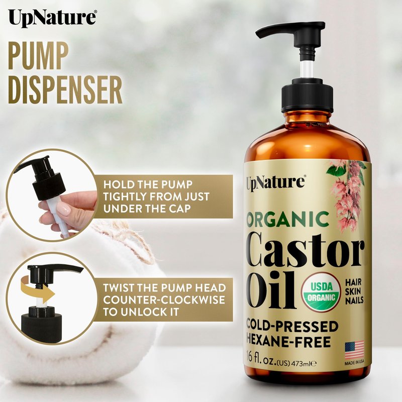 UpNature Castor Oil Organic - 100% Pure USDA Certified Organic Castor Oil for Face Hair Skin - 16oz Amber Glass Bottle, Hexane Free