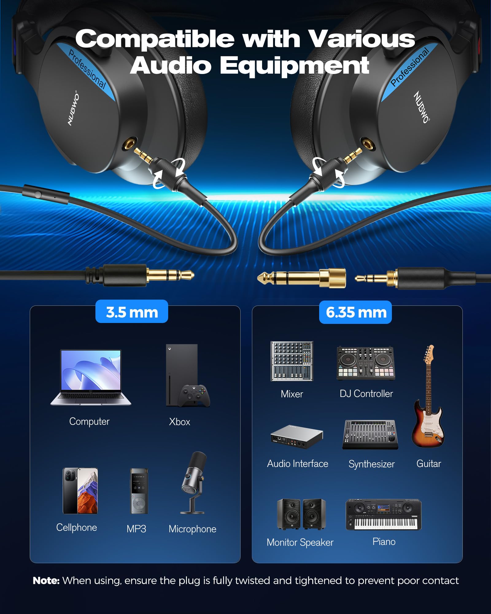 NUBWO HD01 Studio Monitor Headphones, Hi-Res Wired Over Ear Headphones with 1/4 inch to 3.5mm Adapter, Lightweight Closed Back DJ Headphones for Piano Guitar AMP Recording Mixer Amplifier