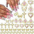 50PCS Gold Nail Charms Shiny Pink Heart Nail Charms Crystal Butterfly Charms Alloy Bowknot Charms 3D Cross Nail Charms for Nail Art and DIY Crafts Decoration