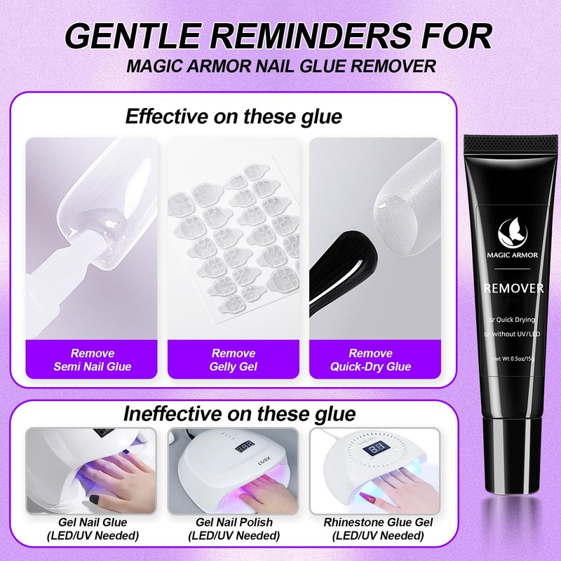 Nail Glue for Press Ons and 15g Remover with Cuticle Pusher Set, No UV Needed, Quick Dry Strong Semi Solid Glue for Press On, Long Lasting Adhesive for Fake Acrylic Nails