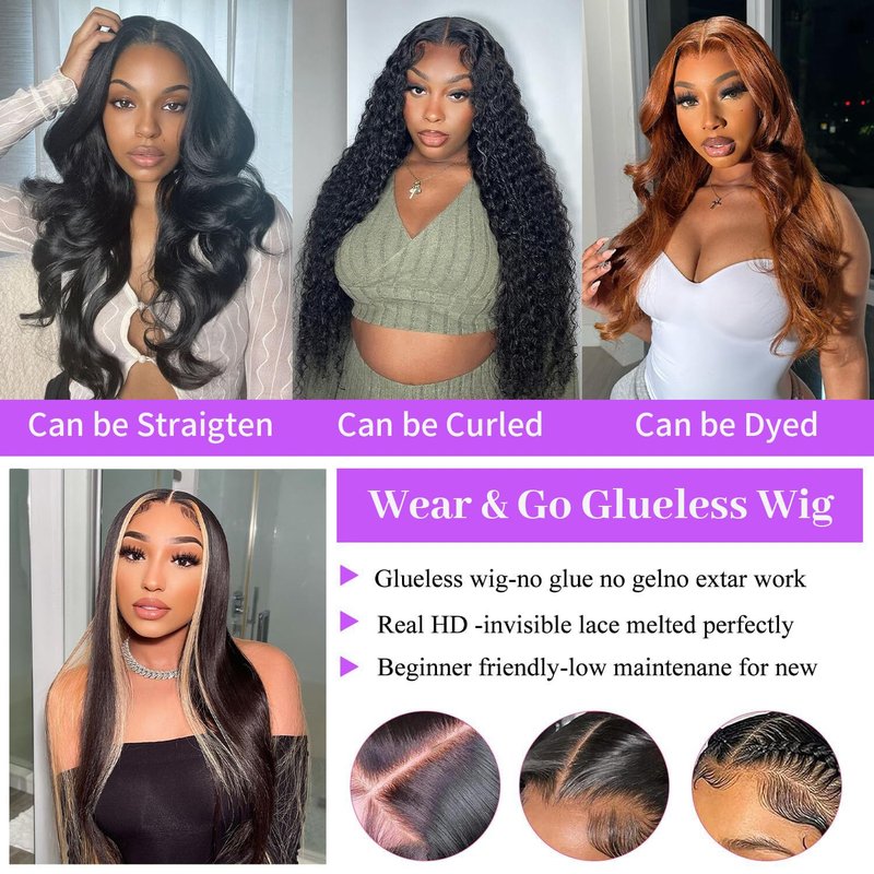 Wear and Go 13x6 Lace Front Wigs Human Hair for Women 180% Density Glueless Ear-to-Ear HD Lace Frontal Wigs Human Hair Pre Plucked Pre Cut Pre Bleached Knots Body Wave Wigs with Drawstring 20 Inch