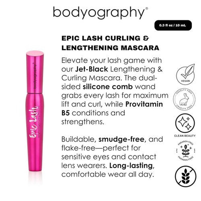 Bodyography Jet-Black Lengthening Mascara - Dual-Sided Silicone Comb for Volume & Lift | Smudge-Free, Conditioning Formula