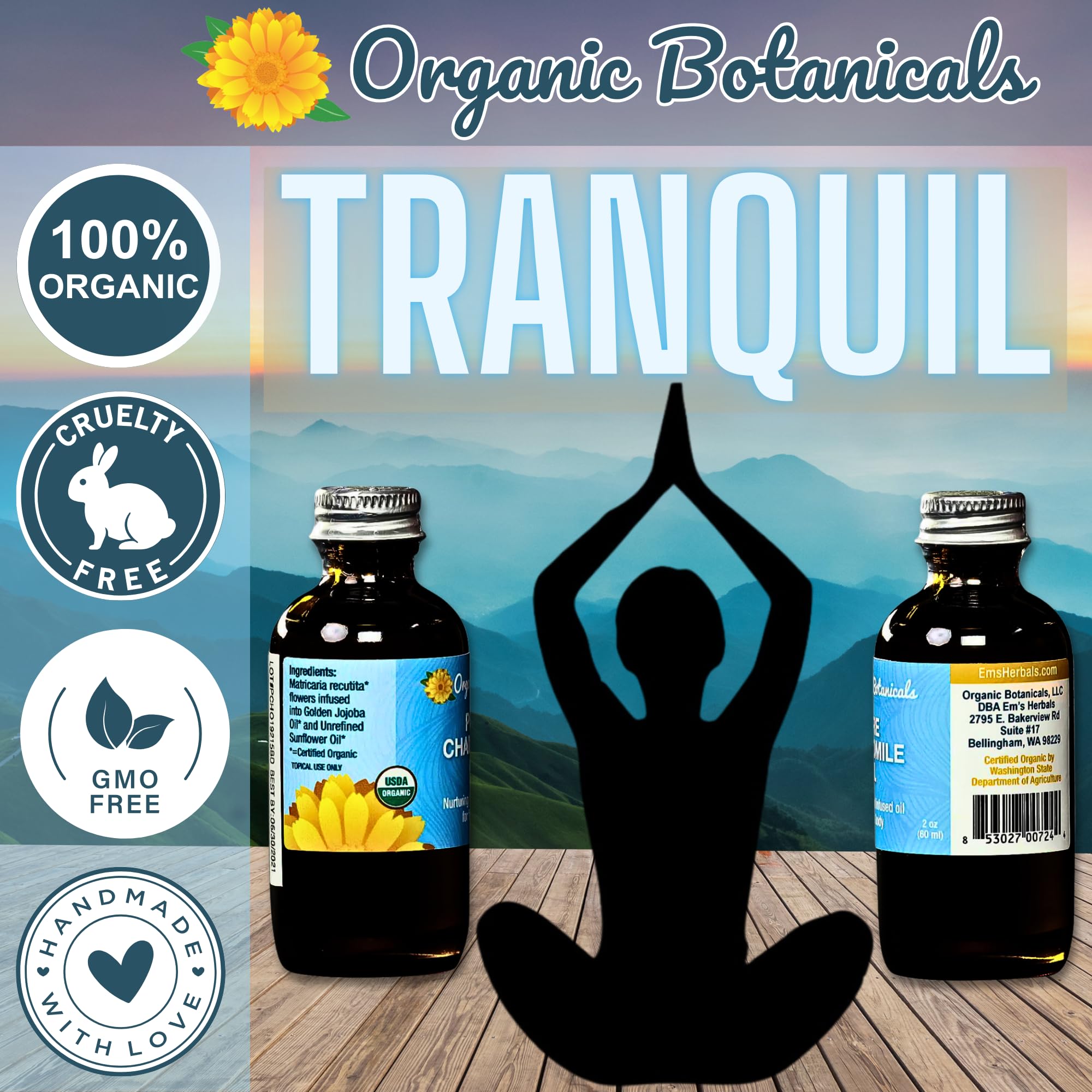 Organic Botanicals Pure Organic Chamomile Oil - USDA Certified, Premium Grade Natural Therapeutic Oil for Body, Skin, Face, Hair & Massage Therapy - Relaxing, Bath & DIY Infused Flower Extract (2 oz)