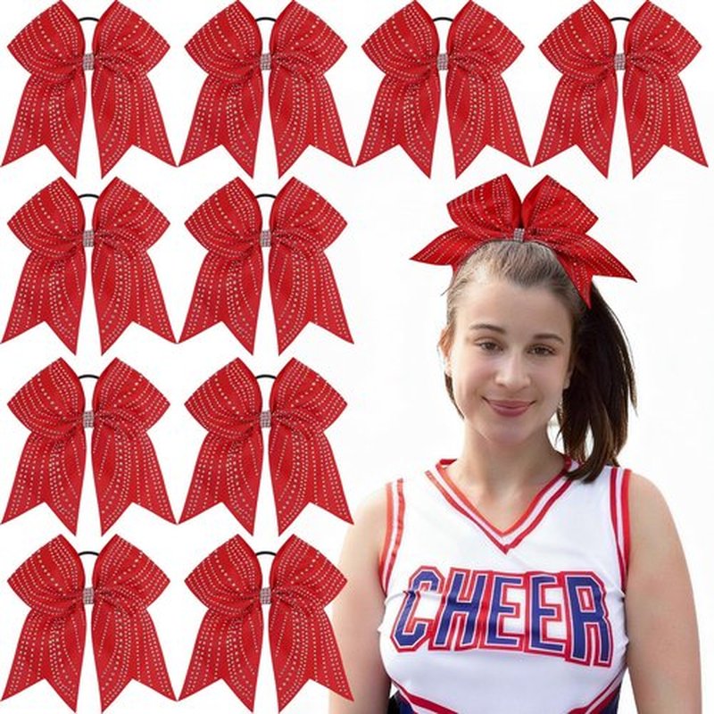 CN 10PCS 7.5" Rhinestones Large Glitter Cheer Hair Bows for Cheerleading, Red Jumbo Cheer Bow with Ponytail Holder for Teen Girls Softball Cheerleader College Sports Competition