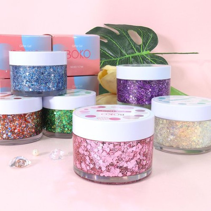 Boko 50ML Body Glitter Gel, Gold Purple Green Mardi Gras Chunky Glitter Gel for Face Hair Body Sparkle Makeup, Cosmetic Face Glitter Sequins for Mardi Gras Festival Concert Party Rave Accessories