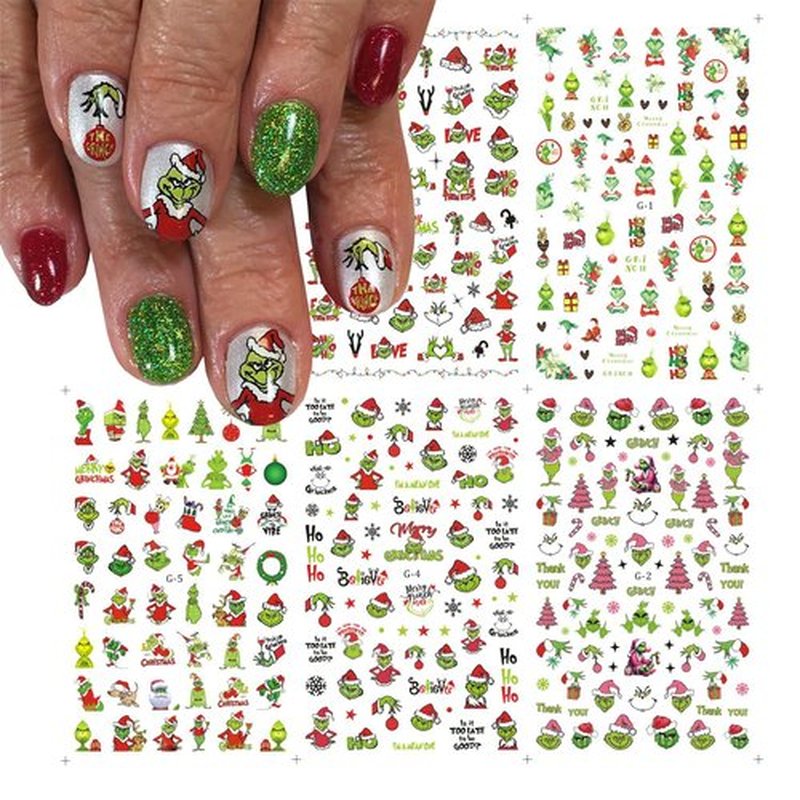 Christmas Nail Stickers for Nails Art, Xmas Cartoon Nail Art Stickers Decals Funny Cute Green Monster Nails Design Decals 3D Self-Adhesive Nail Supplies for Women Christmas Manicure Accessories,5Pcs