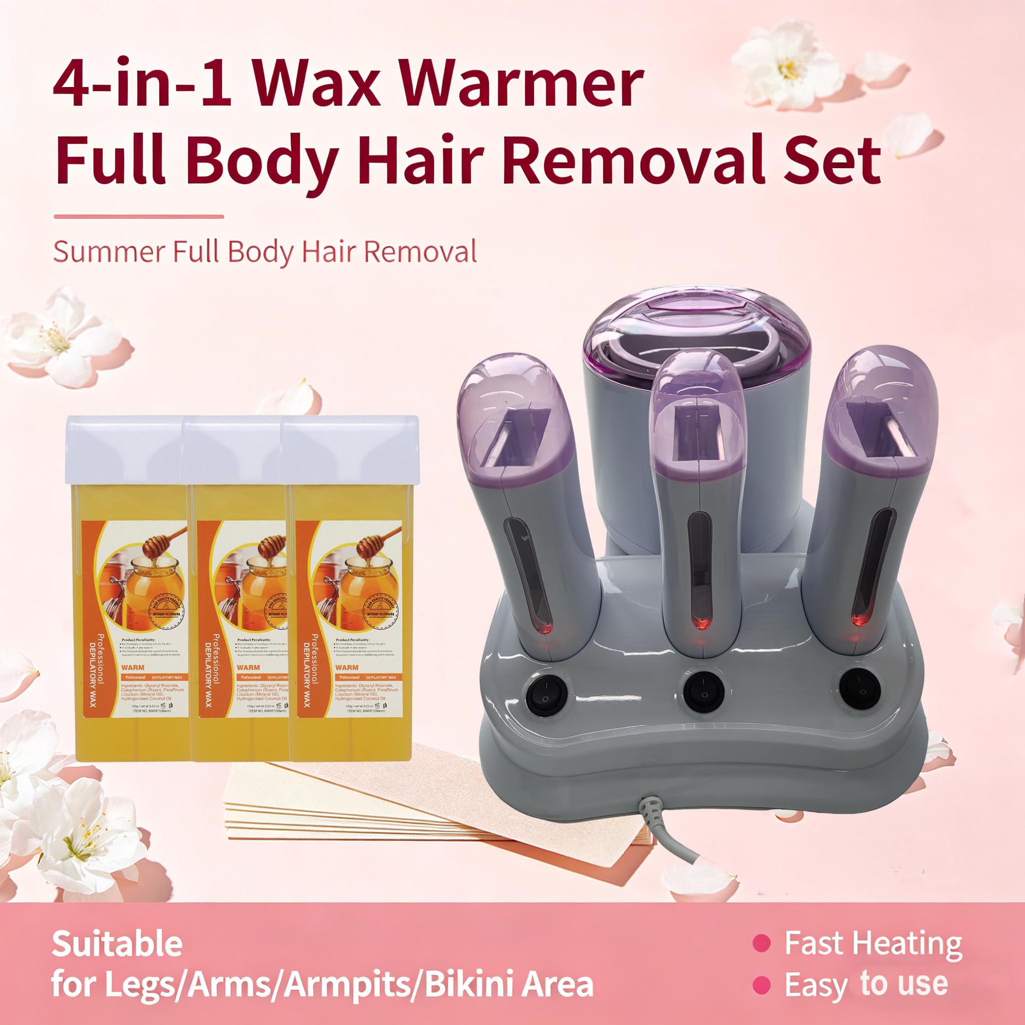 JOJOCOSMO 4 IN 1 Professional 800CC Wax Warmer + 3×100G Roll On Wax Machine with Independent Switches, Wax Warmer for Hair Removal, Depilatory Wax Heater Waxing Kit for women