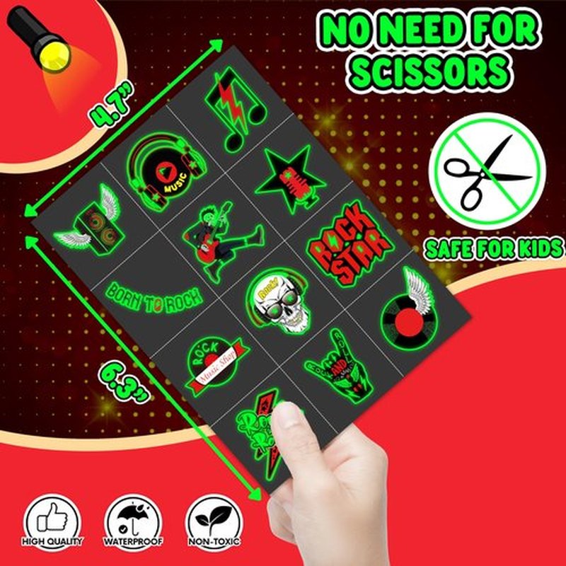 96PCS Born To Rock N Roll Rocks Luminous Glow in the Dark Temporary Tattoos Themed Music Band Birthday Party Decorations Favors Supplies Decor Rockstar Guitar Stickers For Kids (Glow in the dark)