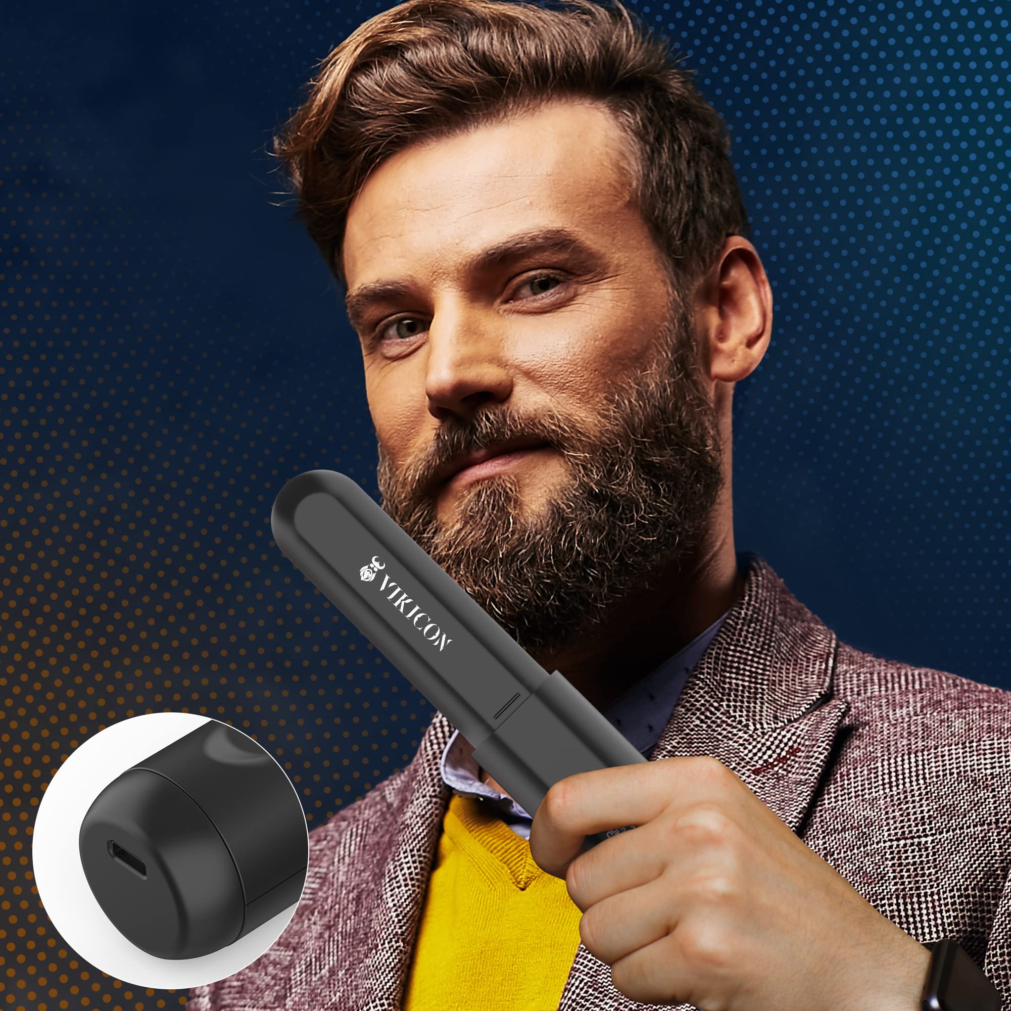 VIKICON Beard Straightener for Men: Cordless Heated Beard Brush for Men, Electric Hot Comb, Anti-Scald Mini Straightening Brush for Beard Grooming, Portable for Travel and Home Use, Gifts for Him Dad