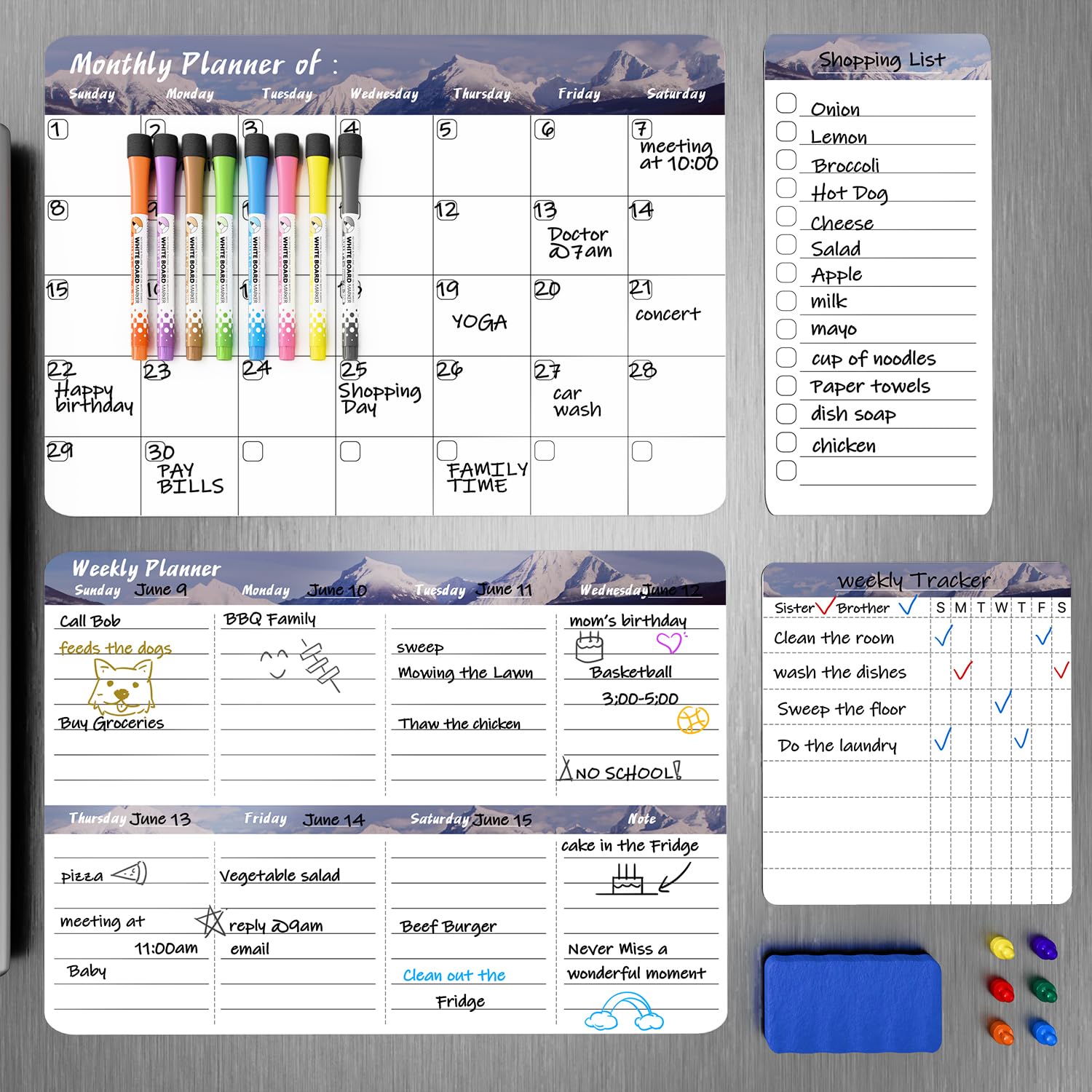 MARSROCK Refrigerator Calendar Magnetic, 16.3x11.7” (4-Pack) – Weekly & Monthly Planner, Chore Chart, Grocery/to-Do List for Fridge, Includes 8 Markers, 6 Magnets & 1 Eraser for Kitchen, Gray