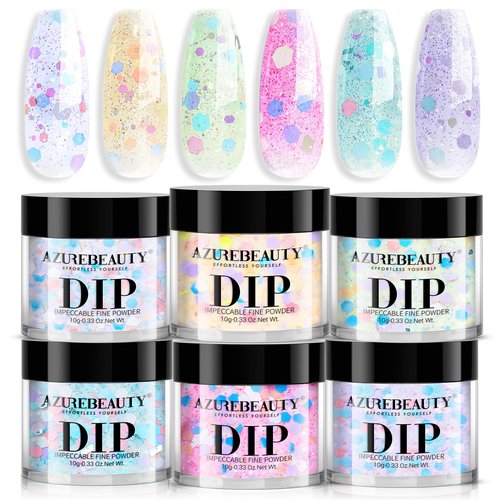 AZUREBEAUTY Dip Powder Nail Set, 6 Colors Spring Pink Purple Green Glitter Cheese Colors Natural Dipping Powder Starter Spring Kit, French Nail Art Manicure DIY Salon, No Need Nail Lamp Cured