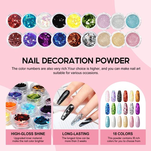 Acrylic Nail Kit for Beginners with Everything Professional 3pc Acrylics Powder 6pcs Gel Nail Polish 18pcs Glitter Decoration Powder Nails Kit Acrylic Set with Tips Nail Light Valentines Day Gifts