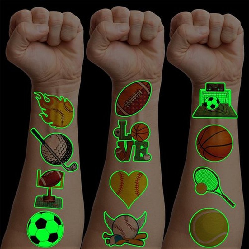 96 PCS Sports Ball Pre-Cut Temporary Tattoos Themed Birthday Party Decorations Favors Supplies Decor Basketball Football Baseball Soccer Tattoo Stickers Gifts For Boys Girls Class Prizes (Luminous)