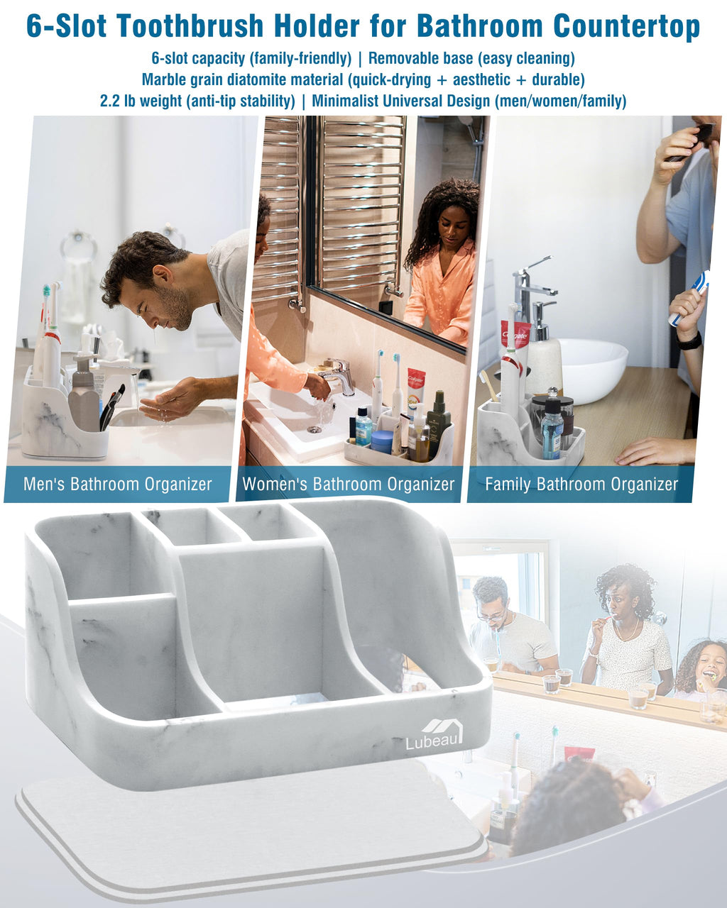 Electric Toothbrush Holder with Instant-Dry & 6 Slots | Upgrade Heavy-Duty Large Countertop Organizer with Cable Holes, Fits Most Electric & Manual Toothbrushes (Marble White)